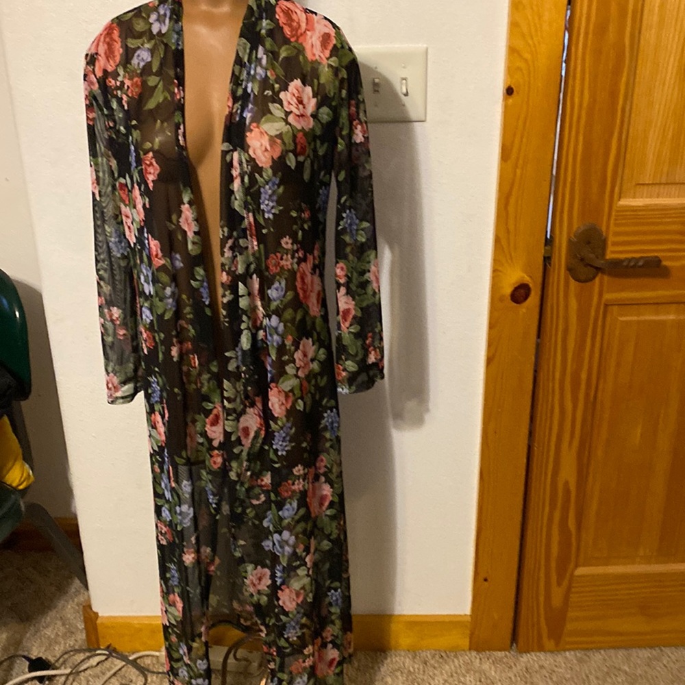 Rose Floral Sheer Swimsuit Open Long Cover Up Size S?